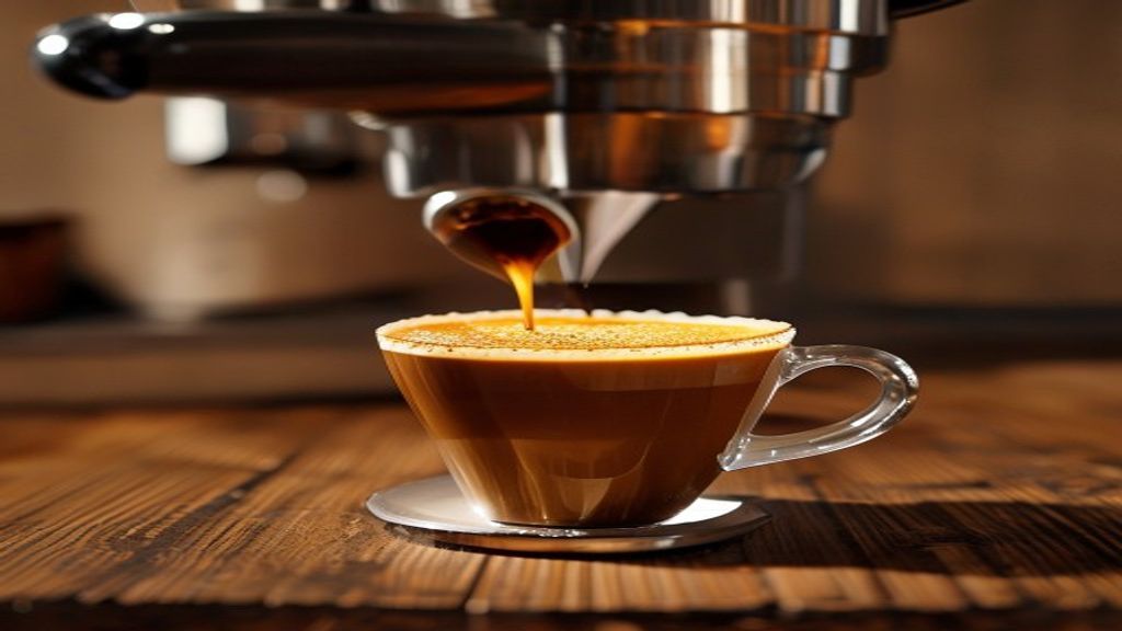 Ev tipi espresso makinesinden çekilen taze bir espresso shot, bardakta altın renkli krema
