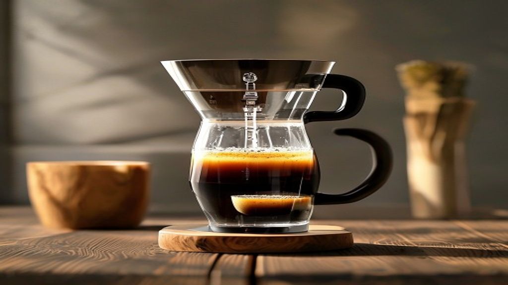 Ahşap masada Aeropress, filtre kağıdı ve taze kahve çekirdekleriyle kahve demleme sahnesi