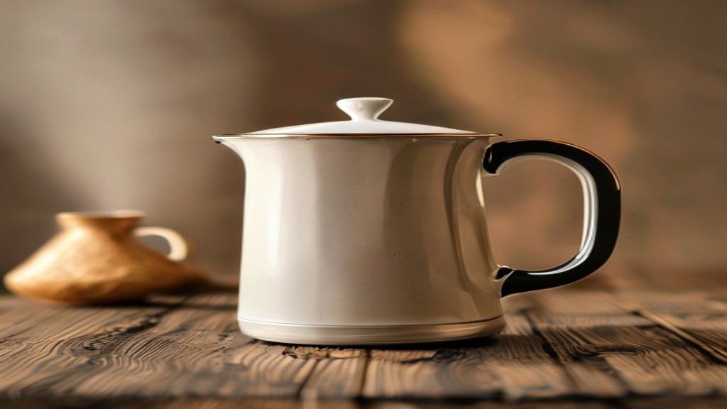 Ahşap masada moka pot ve demlenmiş kahve fincanı