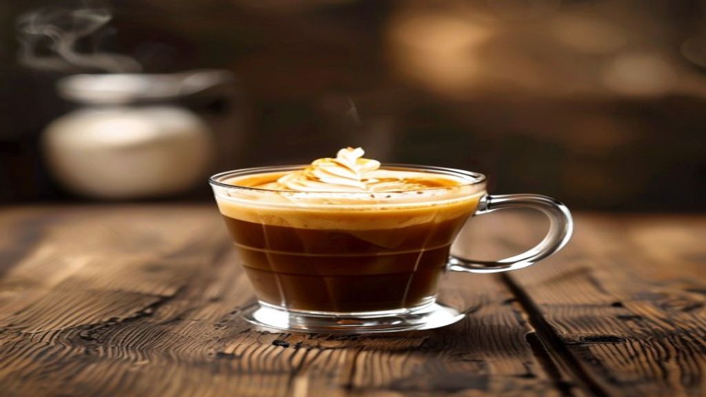 Evde yapılan iced latte, buzlu cam bardağa dökülen taze espresso shot ve soğuk süt, ahşap masa üzerinde sade kompozisyon